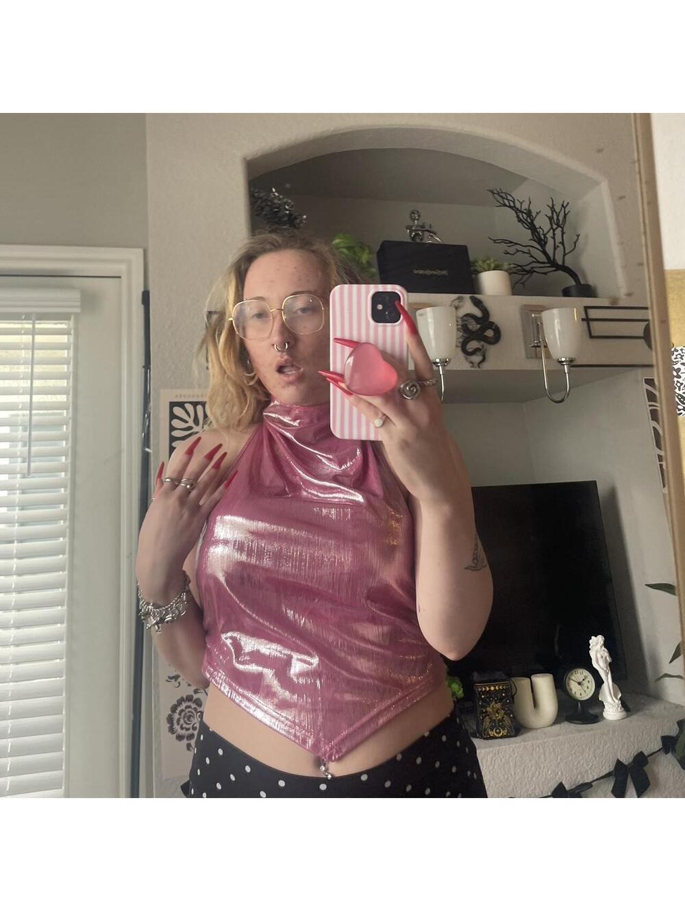 Pink Metallic Shiny Halter Crop Top, Y2K Festival Glamour Style